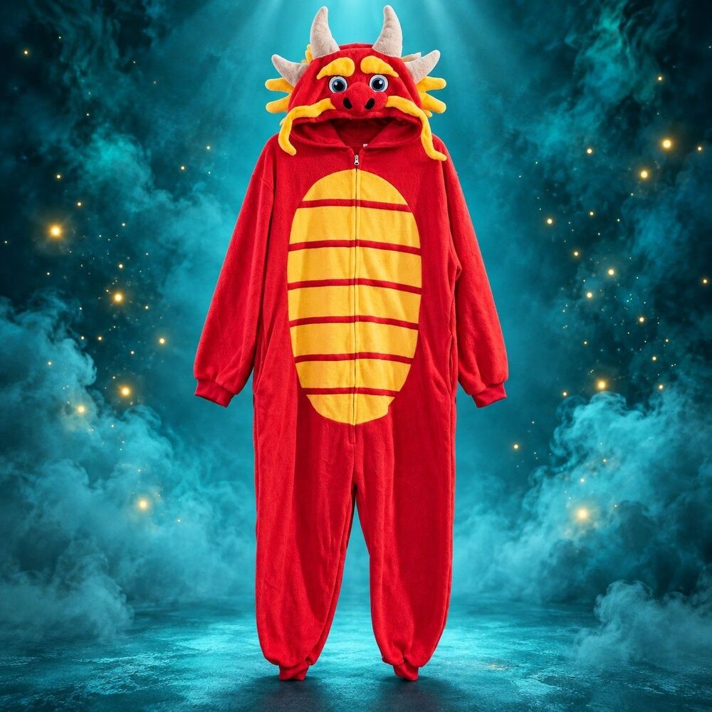 Red Dragon Halloween Costume Hooded Jumpsuit Pajama Size M Mushu Fantasy C240